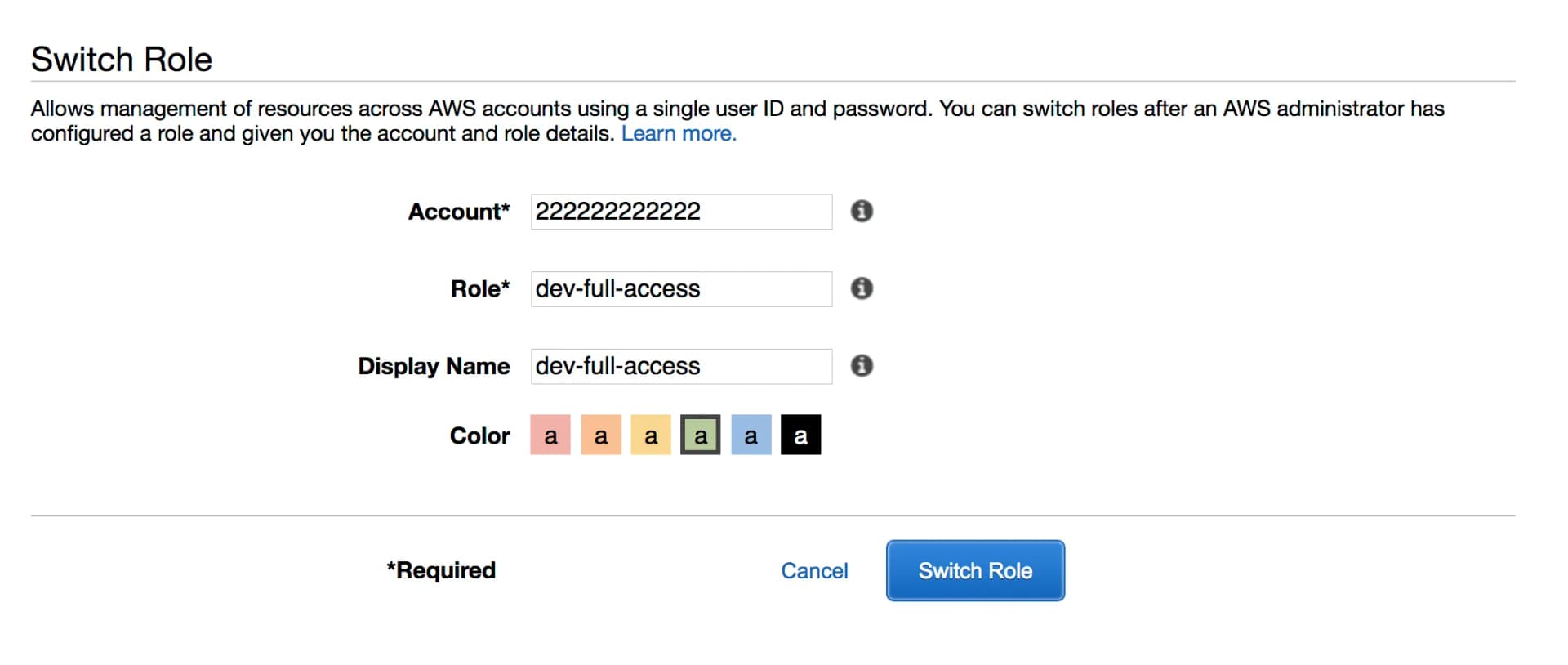 AWS console's 'Switch Role' form, showing fields for Account, Role, Display Name, and Color used to configure cross-account role switching.