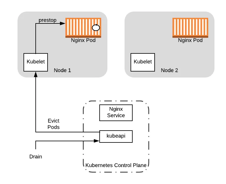 Diagram showing the kubelet running the pod's preStop hook on Node 1 at the same time the control plane evicts it during a drain.