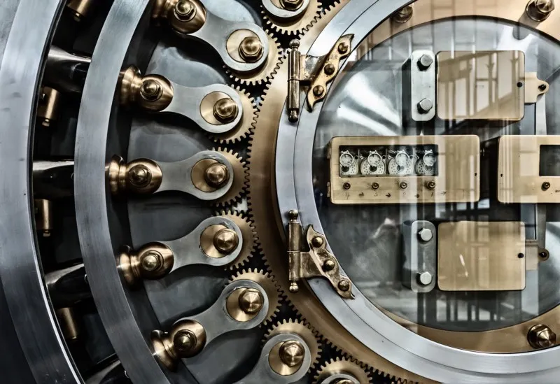Close-up photo of a bank vault door's gear mechanism and combination lock, symbolizing security.