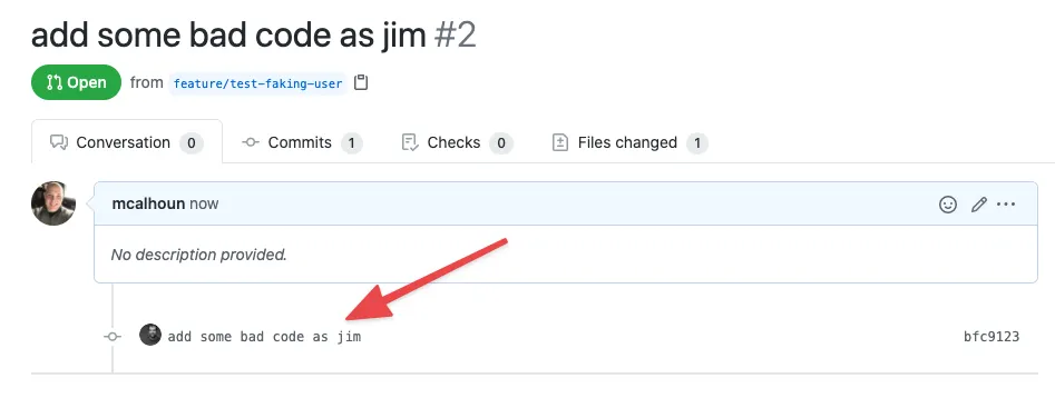 Screenshot of a GitHub pull request titled 'add some bad code as jim', showing a commit with a spoofed author name.