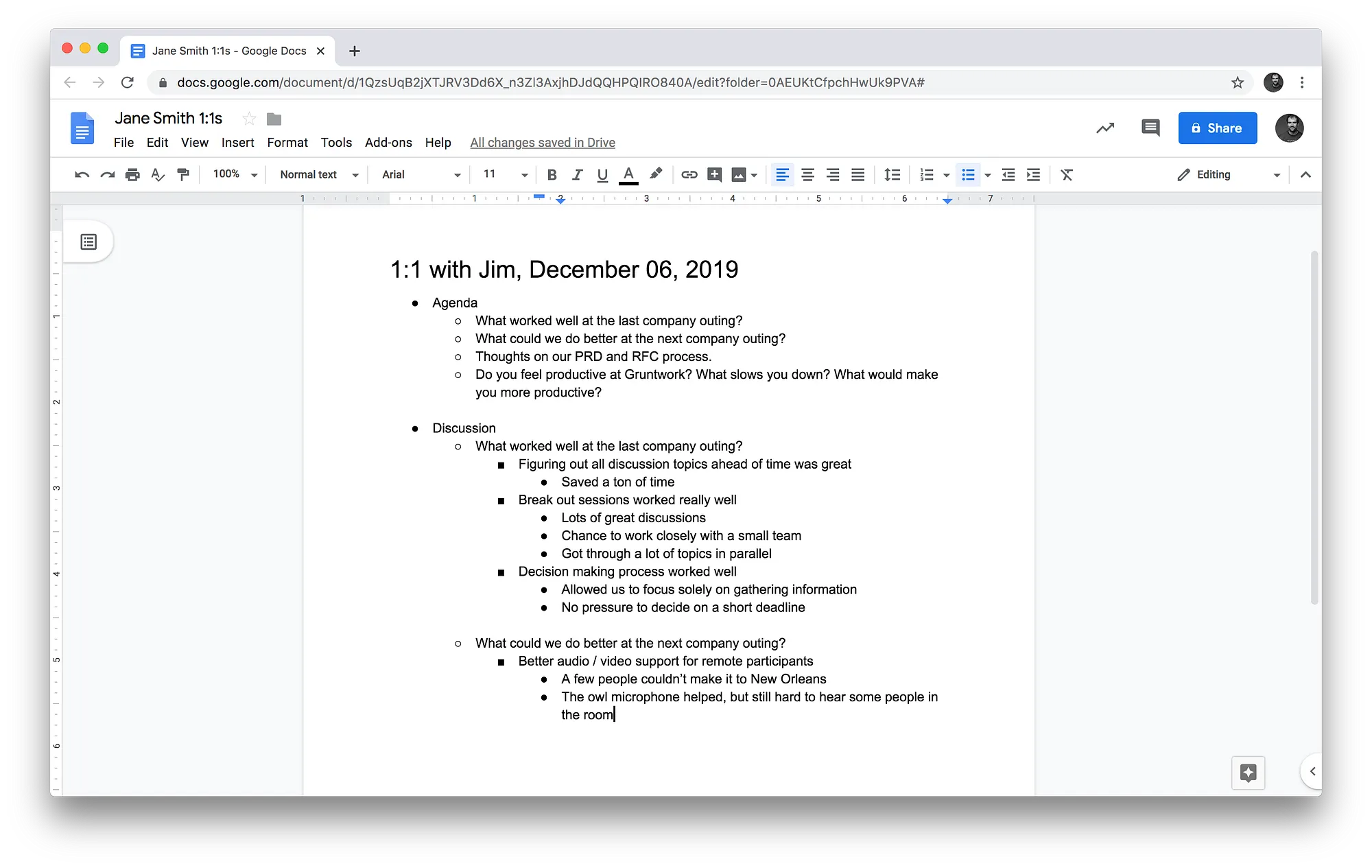 Screenshot of a Google Doc used to record notes from a 1:1 meeting, including agenda items and discussion notes.