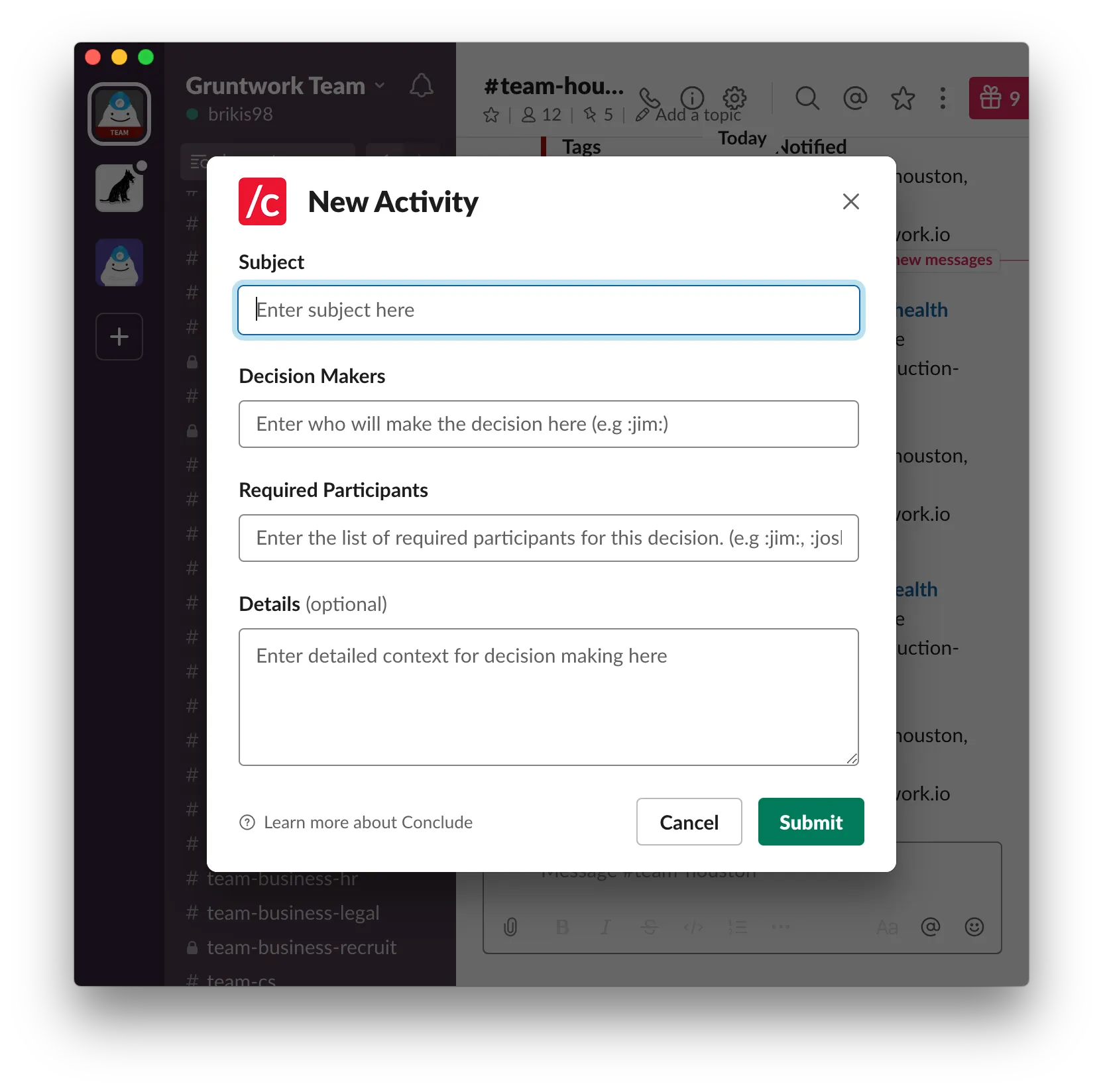 Screenshot of a Slack 'New Activity' dialog from the Conclude app, used to record a decision with its decision makers and required participants.